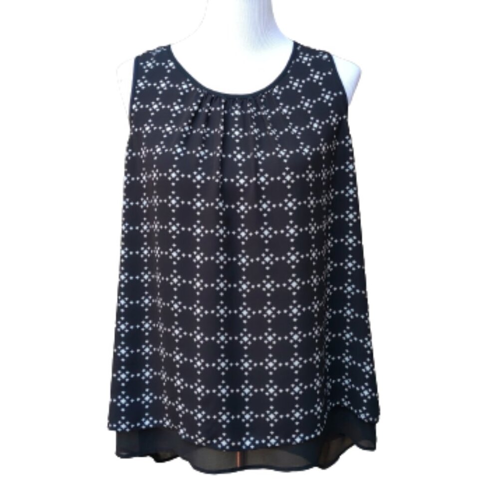 DR2 Daniel Rainn Black Geo-Print Shell Blouse Satin Layered Sleeveless